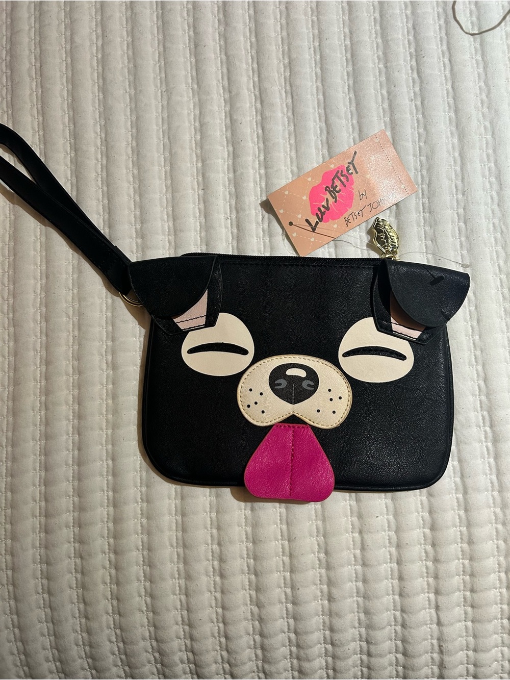 Betsey Johnson Black Puppy Face Wristlet with Pink Tongue Accent